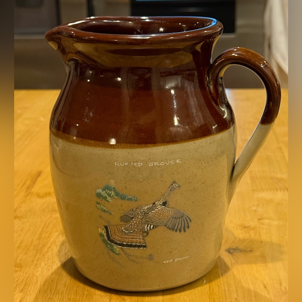 Pearson Pottery, Ned Smith Brown and Cream Ceramic Pitcher with Ruffed Grouse